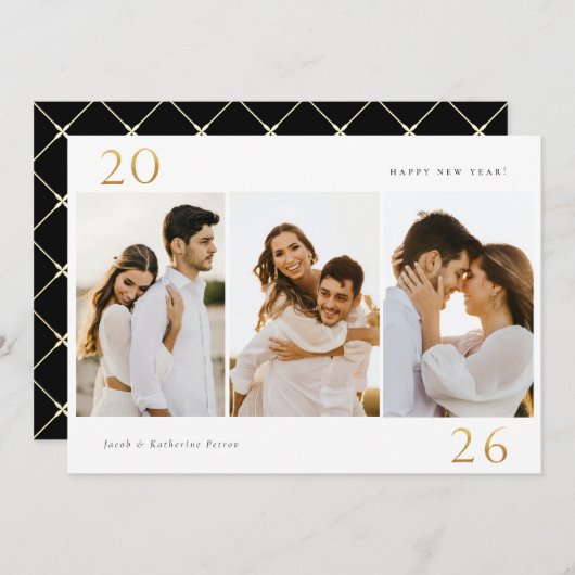 金ゴールド2024年新年3枚の写真 シーズンカード (正面/裏面)