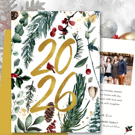 金ゴールド2025フェスティバルクリスマスパインバウ赤い写真 シーズンカード