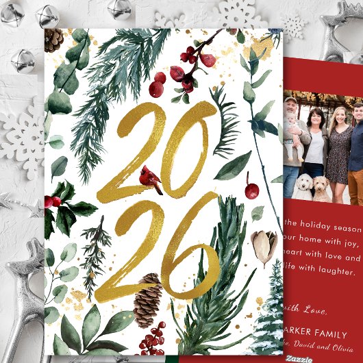 金ゴールド2025フェスティバルクリスマスパインバウ赤い写真 シーズンカード