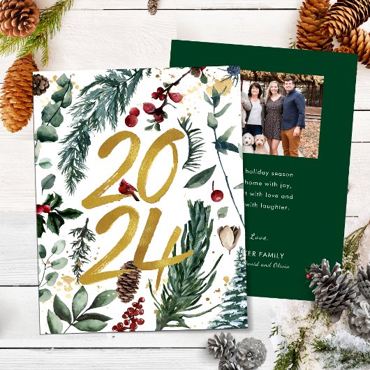 金ゴールド2025フェスティバルクリスマスパインバウ赤い写真 シーズンカード