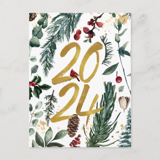 金ゴールド2025フェスティバルクリスマスパインバウ赤い写真 シーズンポストカード (正面)