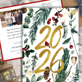 金ゴールド2025フェスティバルクリスマスパインバウ赤い写真 シーズンポストカード