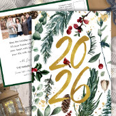 金ゴールド2025フェスティバルクリスマスパインバウ赤い写真 シーズンポストカード