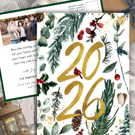 金ゴールド2025フェスティバルクリスマスパインバウ赤い写真 シーズンポストカード