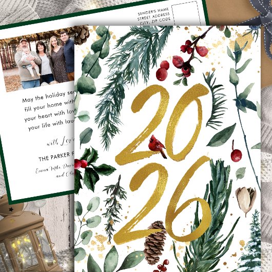 金ゴールド2025フェスティバルクリスマスパインバウ赤い写真 シーズンポストカード