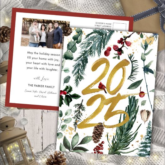 金ゴールド2025フェスティバルクリスマスパインバウ赤い写真 シーズンポストカード