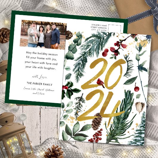 金ゴールド2025フェスティバルクリスマスパインバウ赤い写真 シーズンポストカード