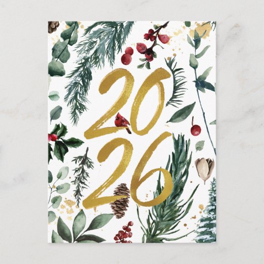 金ゴールド2025フェスティバルクリスマスパインバウ赤い写真 シーズンポストカード (正面)