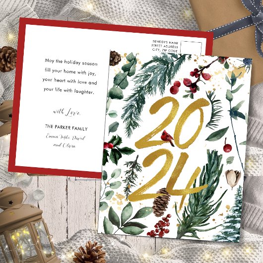 金ゴールド2025フェスティバルクリスマスパインバウ赤フローラ シーズンポストカード