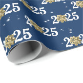 金ゴールド2025年のクリスマスボウがブルー ラッピングペーパー (ロールコーナー)