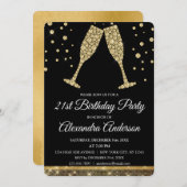 金ゴールド21歳の誕生日パーティーダイヤモンドシャンパングラス 招待状 (正面/裏面)