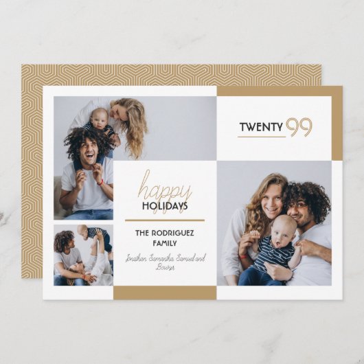 金ゴールド3写真ハッピーホリデー シーズンカード (正面/裏面)
