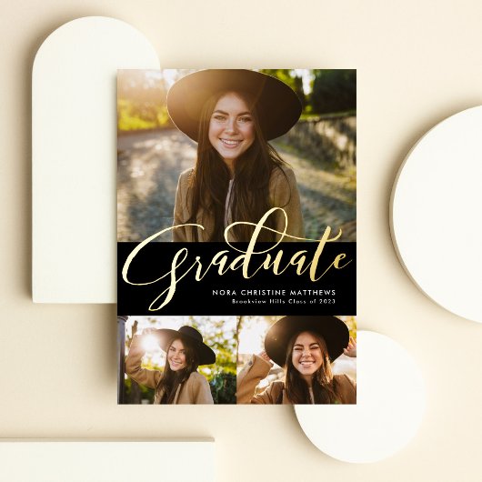 金ゴールド3年写真黒卒業 箔招待状