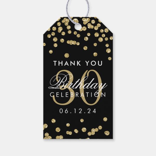 金ゴールド30歳の誕生日ありがとう紙吹雪ブラック ギフトタグ (正面)