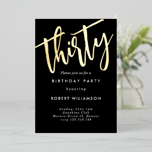金ゴールド30歳の誕生日の招待状 箔招待状 (立ち正面)