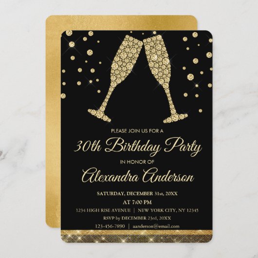 金ゴールド30th誕生日パーティーダイヤモンドシャンパングラス 招待状 (正面/裏面)