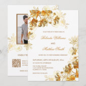 金ゴールド3 D花白 招待状 (正面/裏面)