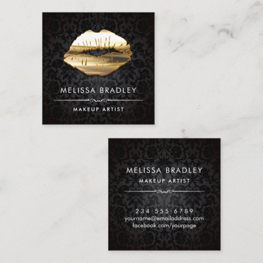 金ゴールド3Dリップダマスクメイクアップアーティスト美しいサロン スクエア名刺 (正面/裏面)