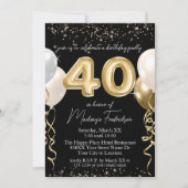 金ゴールド40歳の誕生日バルーンをブラックで表示 招待状 (正面)