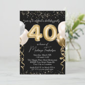 金ゴールド40歳の誕生日バルーンをブラックで表示 招待状 (スタンド正面)
