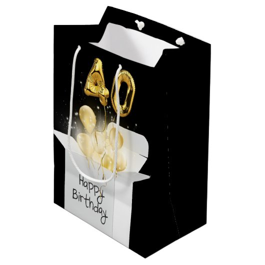 金ゴールド40歳の誕生日バルーンinボックス ミディアムペーパーバッグ (正面アングル)