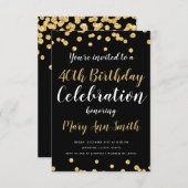 金ゴールド40th誕生日パーティー型グリッターブラック 招待状 (正面/裏面)