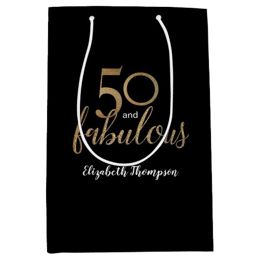 金ゴールド50と素晴らしい誕生日パーティーの贈り物 ミディアムペーパーバッグ (正面)