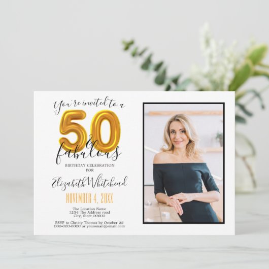 金ゴールド50と素晴らしい50番目の誕生日写真 招待状 (スタンド正面)