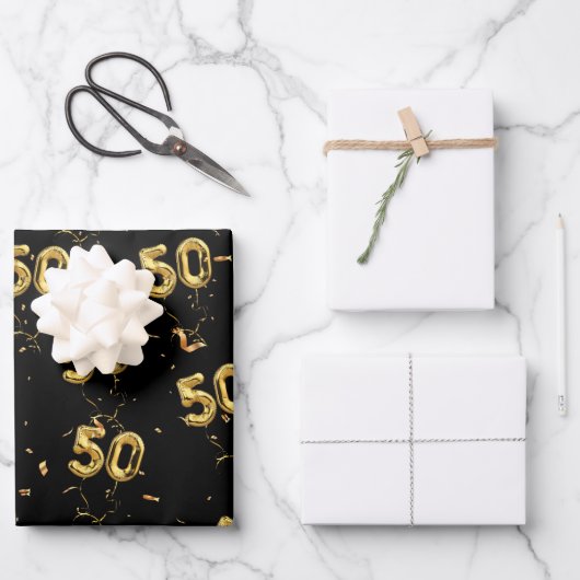 金ゴールド50マイラー風船と紙吹雪 ラッピングペーパーシート (正面)