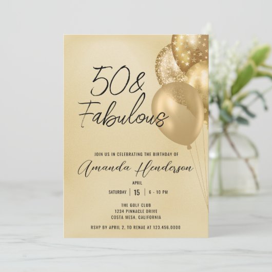金ゴールド50位と素晴らしい50位の誕生日招待状 招待状 (スタンド正面)