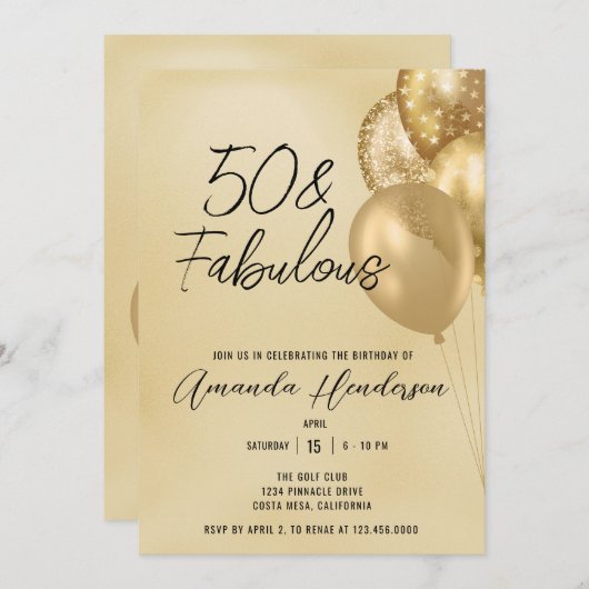 金ゴールド50位と素晴らしい50位の誕生日招待状 招待状 (正面/裏面)