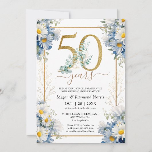 金ゴールド50周年結婚パーティー野生デイジー 招待状 (正面)