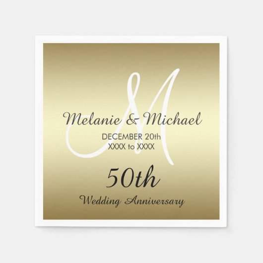 金ゴールド50周年結婚紙ナプキンス スタンダードカクテルナプキン (正面)