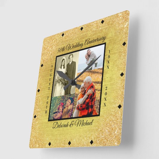 金ゴールド50周年結婚記念写真カスタム写真 スクエア壁時計 (傾斜)