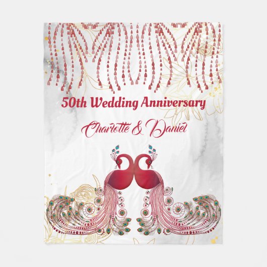 金ゴールド50周年記念レッドピーコックラブウィングハート フリースブランケット (正面)