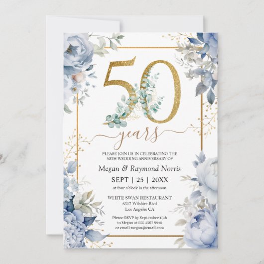 金ゴールド50周年記念結婚ダスティブルーフローラ 招待状 (正面)