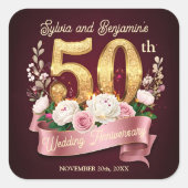 金ゴールド50周年記念結婚バラローレルリース スクエアシール (正面)