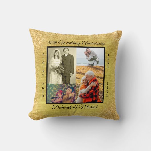 金ゴールド50周年記念結婚8フォトコラージュ クッション (正面)