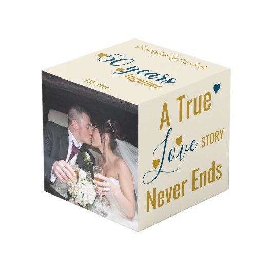 金ゴールド50周年記念青写真 フォトキューブ (正面アングル)