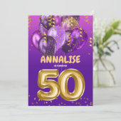 金ゴールド50歳紙吹雪紫50誕生日 招待状 (スタンド正面)