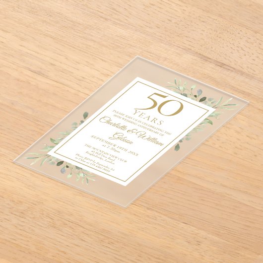 金ゴールド50結婚周年記念水彩緑 アクリル招待状 (レイダウン)
