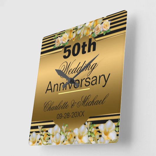 金ゴールド50結婚周年 スクエア壁時計 (傾斜)