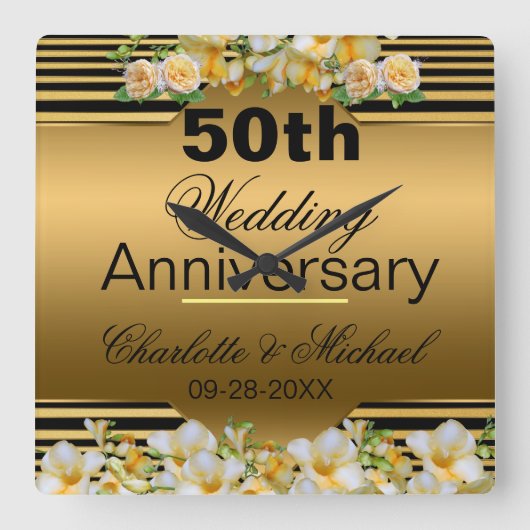 金ゴールド50結婚周年 スクエア壁時計 (正面)