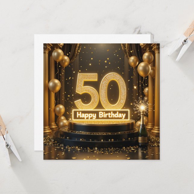 金ゴールド50誕生日カード (正面/裏面インサイチュ)