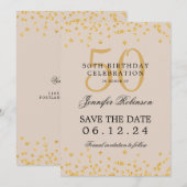 金ゴールド50誕生日デ救ート紙吹雪シャンパン 招待状 (正面/裏面)