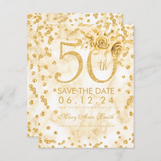 金ゴールド50誕生日モダン大理石の日付を保存 セーブザデート (正面/裏面)