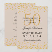 金ゴールド50誕生日日付の保存詳細シャンパン 招待状 (正面/裏面)
