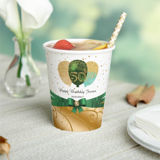 金ゴールド50誕生日、グリーンシルクリボン、風船 紙コップ (インサイチュ)