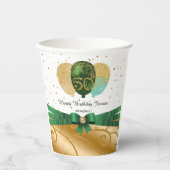 金ゴールド50誕生日、グリーンシルクリボン、風船 紙コップ (正面)