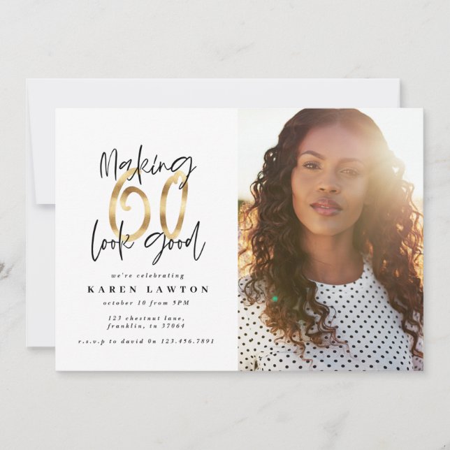 金ゴールド60の良い写真の誕生日の招待 (正面)